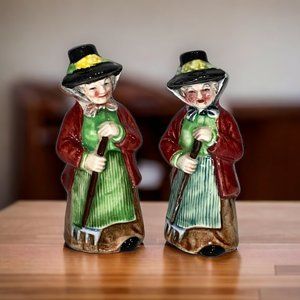 Vintage Old Lady Holding Rake Salt and Pepper Shakers Ceramic Hat